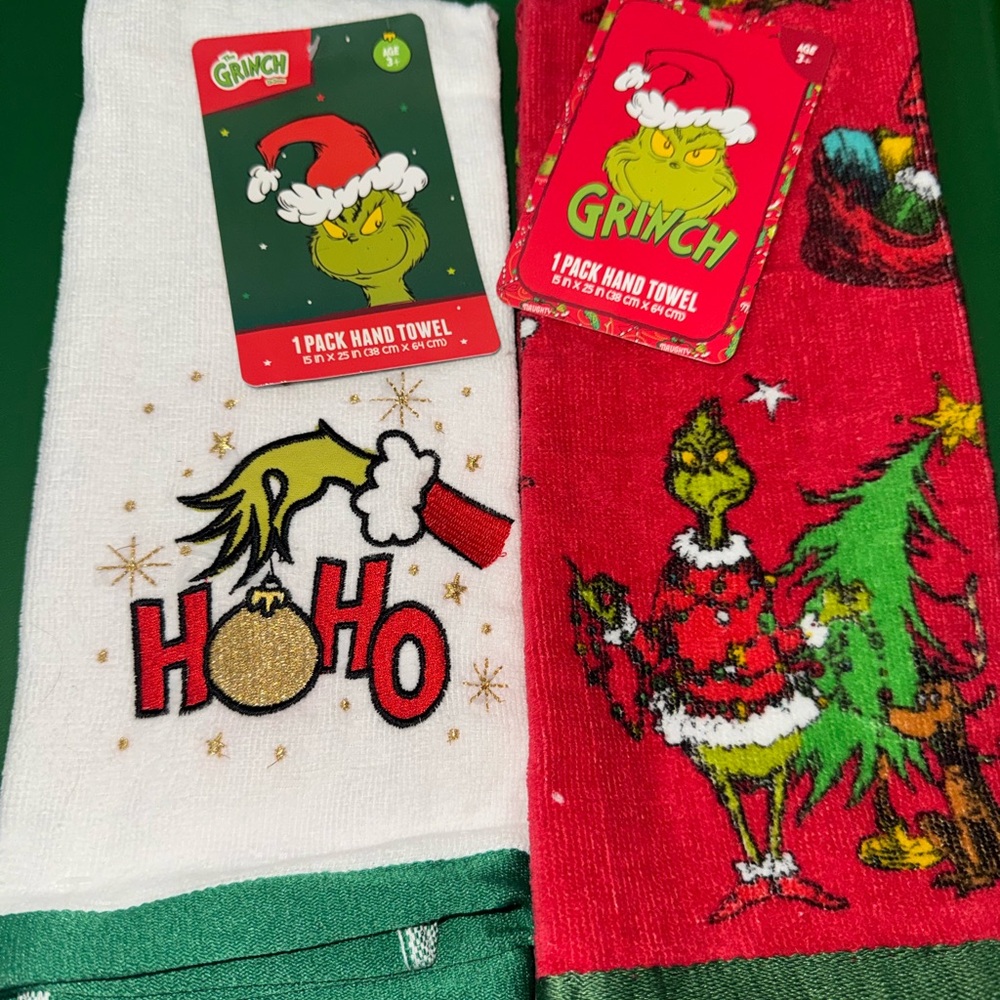 Grinch Hand Towels - Red, White, Gold